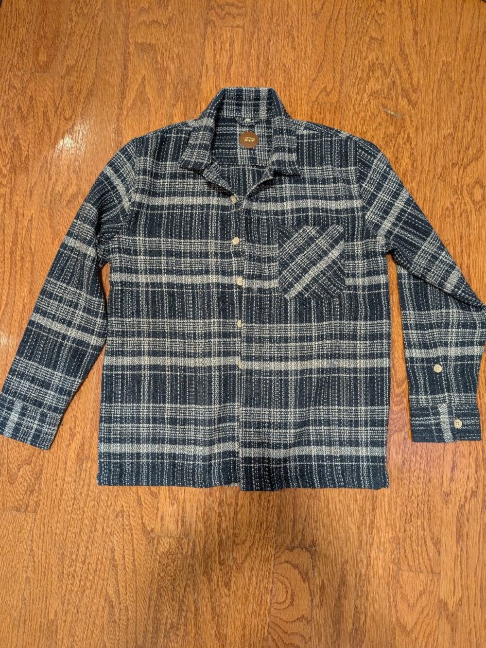 Common People Textured Plaid Overshirt Jacket M Blue Cream Shacket